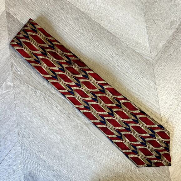 Hickey Freeman Collection Silk Tie Burgundy Red Navy Blue Beige Gold Geometric - Picture 3 of 5